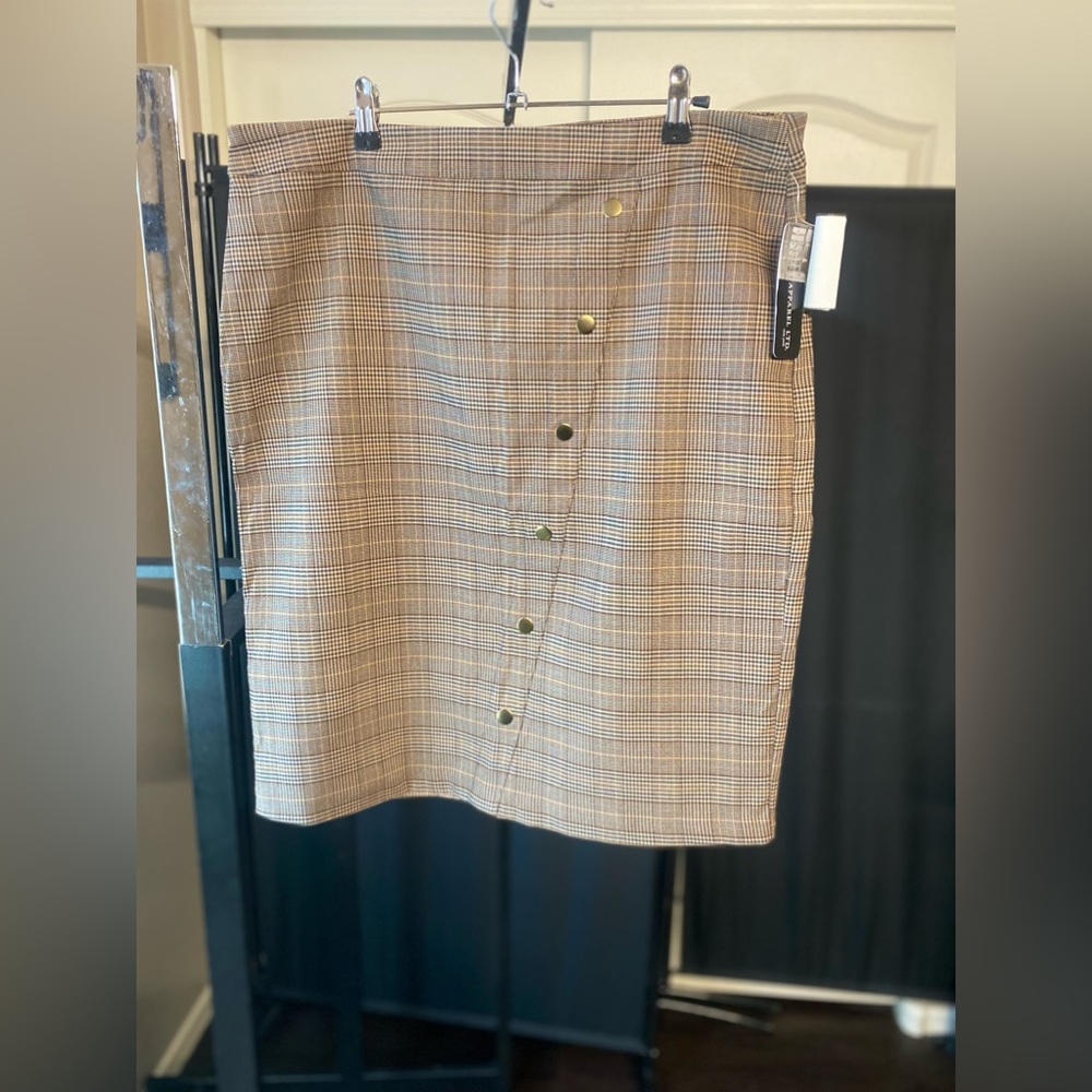 Tan Plaid pencil skirt with Gold buttons very cute !!